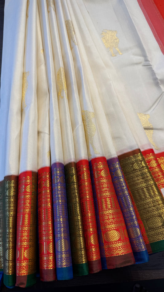 OFF WHITE WITH CONTRAST MULTICOLOR BORDER GOLD ZARI HANDLOOM KANCHIPURAM SILK SAREE (KSS301)