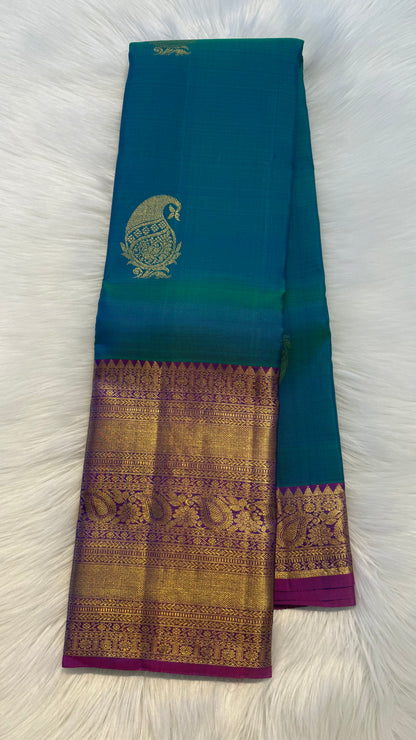 PEACOCK BLUE CONTRAST PURPLE GOLD ZARI HANDLOOM KANICHIPURAM SILK SAREE (KSS415)