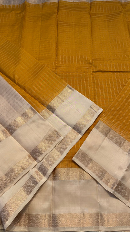MUSTARD CHECKED WITH CONTRAST CREAM RETTAI PETTA GOLD ZARI HANDLOOM KANICHIPURAM SILK SAREE (KSS271)