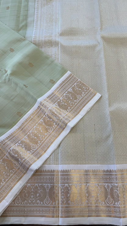 PASTEL MINT GREEN WITH CONTRAST OFF WHITE GOLD ZARI HANDLOOM KANICHIPURAM SILK SAREE (KSS86)