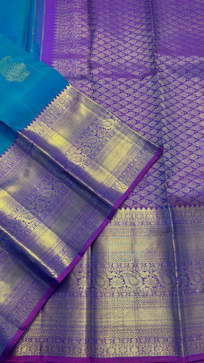 PEACOCK BLUE CONTRAST PURPLE GOLD ZARI HANDLOOM KANICHIPURAM SILK SAREE (KSS415)