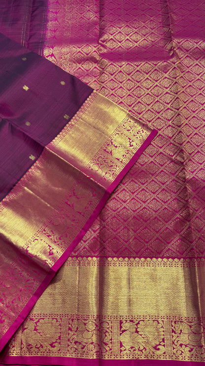 WINE PURPLE WITH CONTRAST PINK GOLD ZARI HANDLOOM KANCHIPURAM SILK SAREE (KSS375)