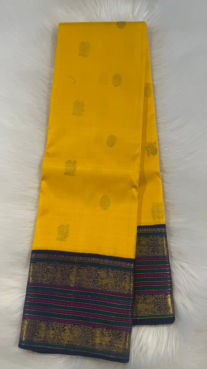 BRIGHT YELLOW WITH CONTRAST PINK GOLD ZARI HANDLOOM KANCHIPURAM SILK SAREE (KSS109)