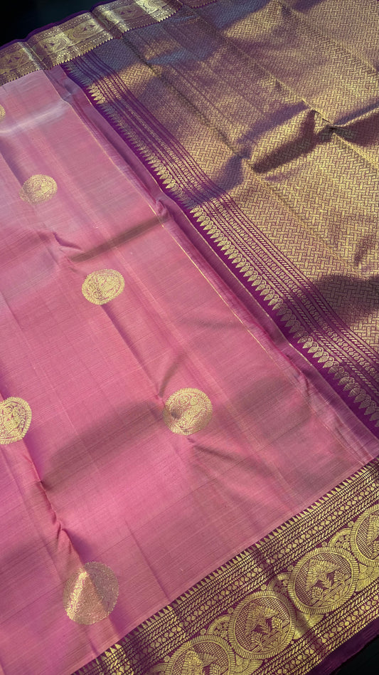 LIGHT PASTEL PINK WITH CONTRAST VADAMALLI PURPLE KANCHIPURAM HANDLOOM SILK SAREE (KSS372)