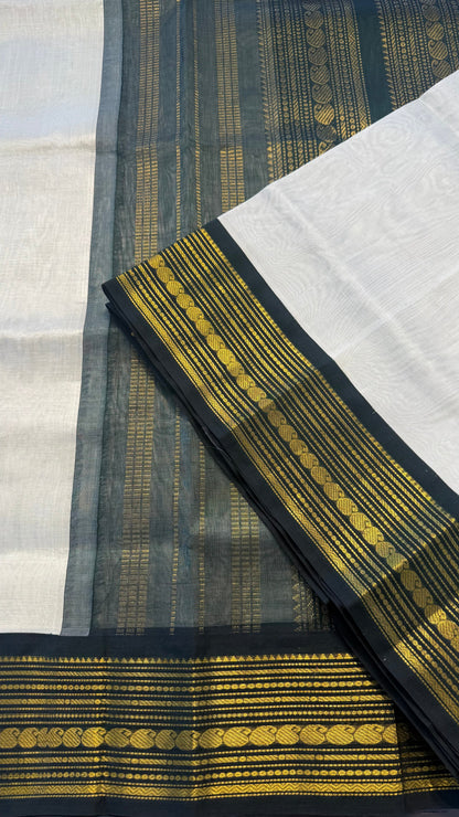 OFF WHITE WITH CONTRAST GREEN KANCHIPURAM SILK COTTON (KSC35)