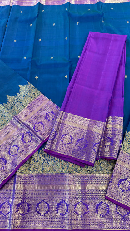 PEACOCK BLUE GREEN WITH CONTRAST PURPLE GOLD ZARI HANDLOOM KANICHIPURAM SILK SAREE (KSS163)