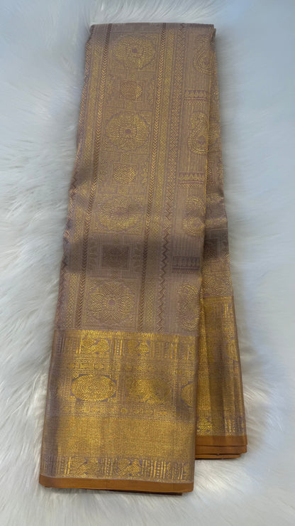 GOLDEN CASHEW FULL ZARI HANDLOOM KANCHIPURAM SILK SAREE (KSS 487)