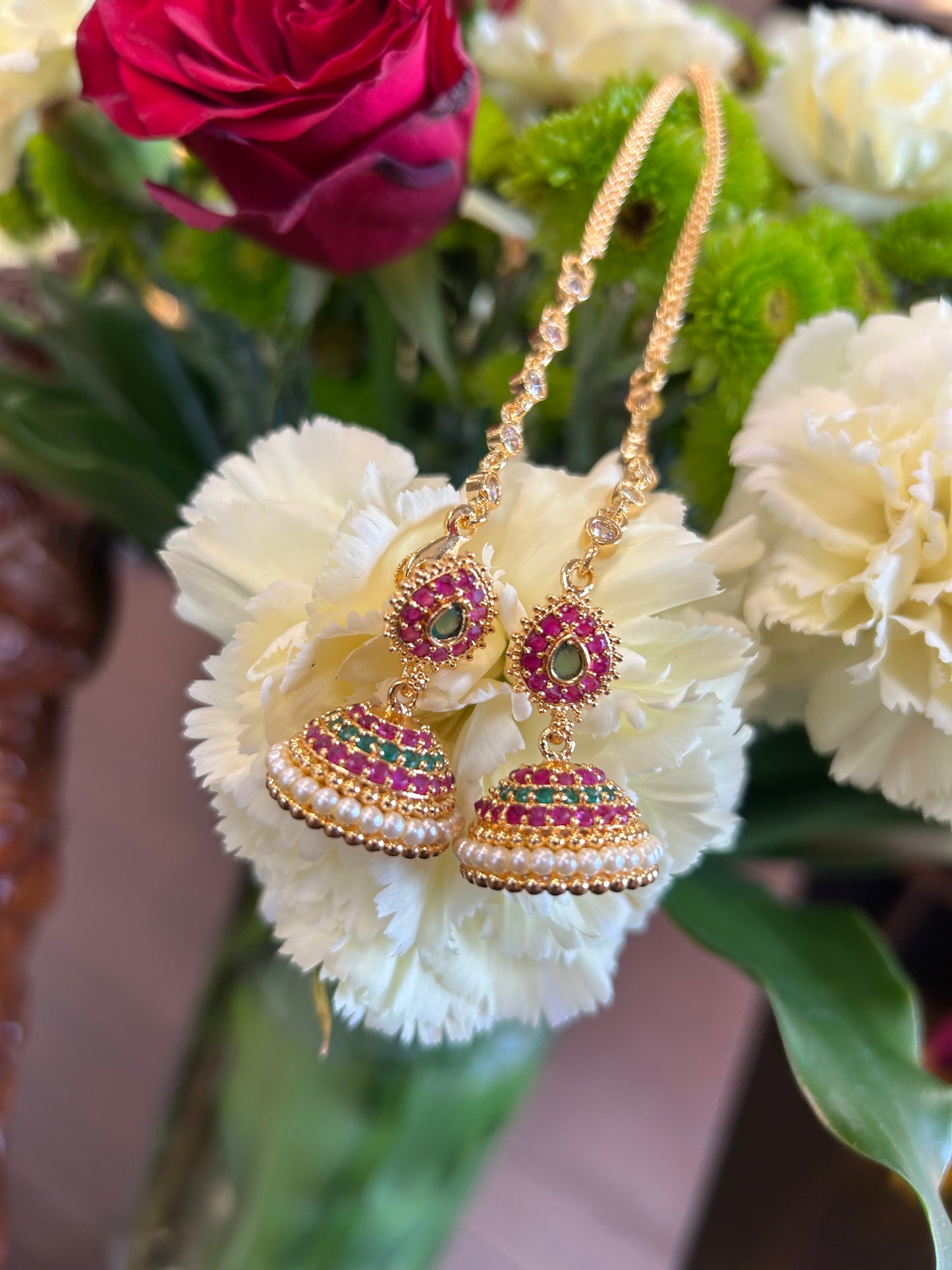 Ganga Ruby & Green Stone Jhumka