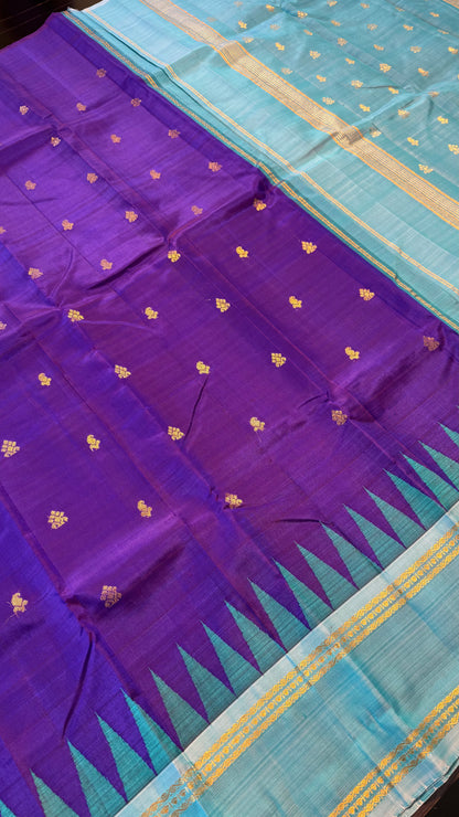 PURPLE WITH CONTRAST AQUA BLUE PURE HANDLOOM KANCHIPURAM SINGLE SIDE BORDER SILK SAREE (KSSB28)