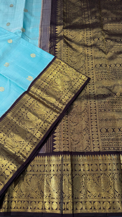 MINT GREEN WITH CONTRAST DARK BROWN BORDER PURE HANDLOOM KANCHIPURAM SILK SAREE (KSS491)