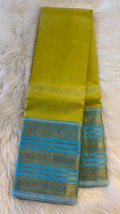 SUGAR CANE YELLOW CONTRAST WITH SKY BLUE PURE HANDLOOM KANCHIPURAM SILK SAREE (KSS 504)