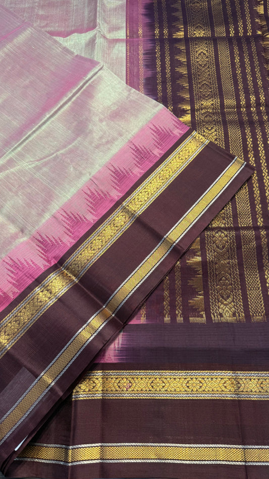 DUAL TONE GREEN PINK WITH MAROON TRADITIONAL RETTAI PETTA BORDER HANDLOOM KANCHIPURAM SILK COTTON (KSC45)