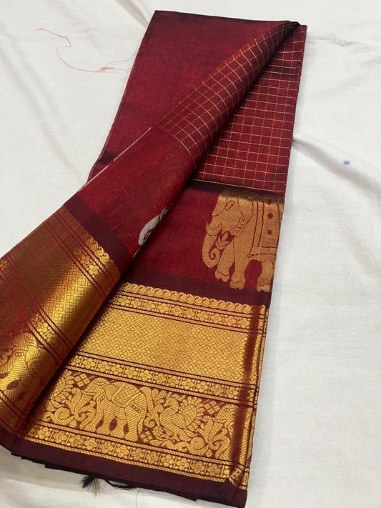 MAROON KATTAM HANDLOOM KANCHIPURAM SILK COTTON (KSC140)
