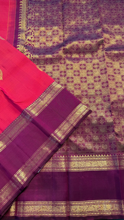 KANAKAMBARAM ORANGE WITH CONTRAST DARK RANI PINK GOLD ZARI HANDLOOM KANICHIPURAM SILK SAREE (KSS344)