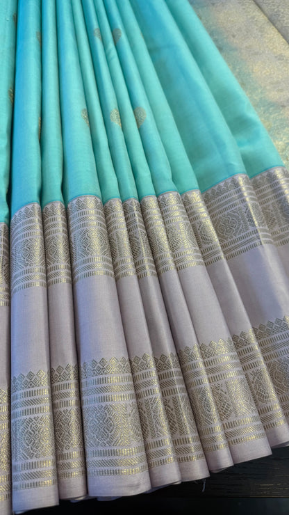 TIFFANY BLUE WITH CONTRAST LILAC HANDLOOM KANICHIPURAM SILK SAREE (KSS276)