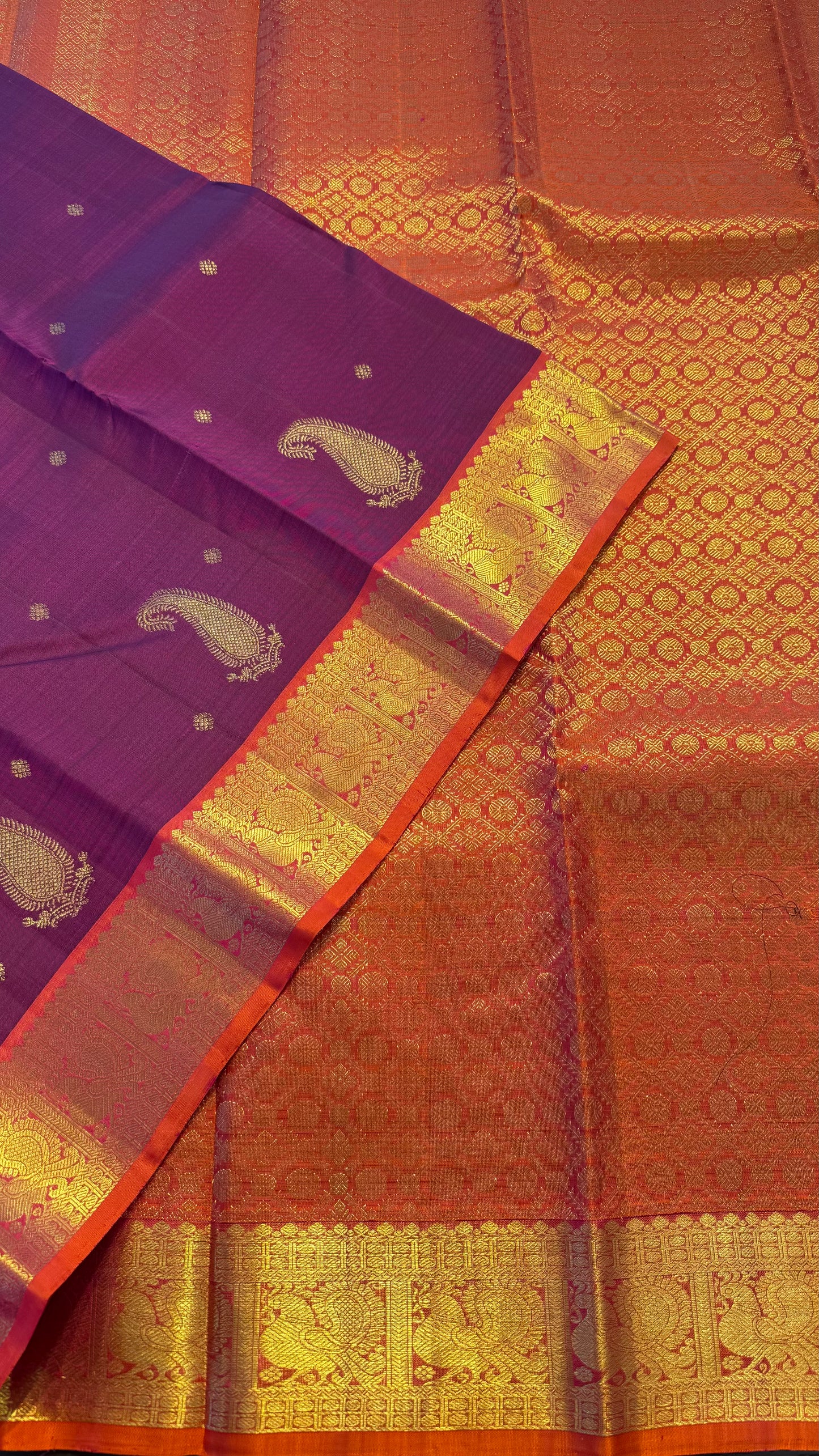 DARK RASBERRY WITH CONTRAST KANAKAMBARAM ORANGE GOLD ZARI HANDLOOM KANICHIPURAM SILK SAREE (KSS157)