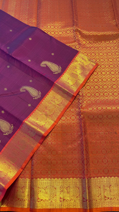 DARK RASBERRY WITH CONTRAST KANAKAMBARAM ORANGE GOLD ZARI HANDLOOM KANICHIPURAM SILK SAREE (KSS157)