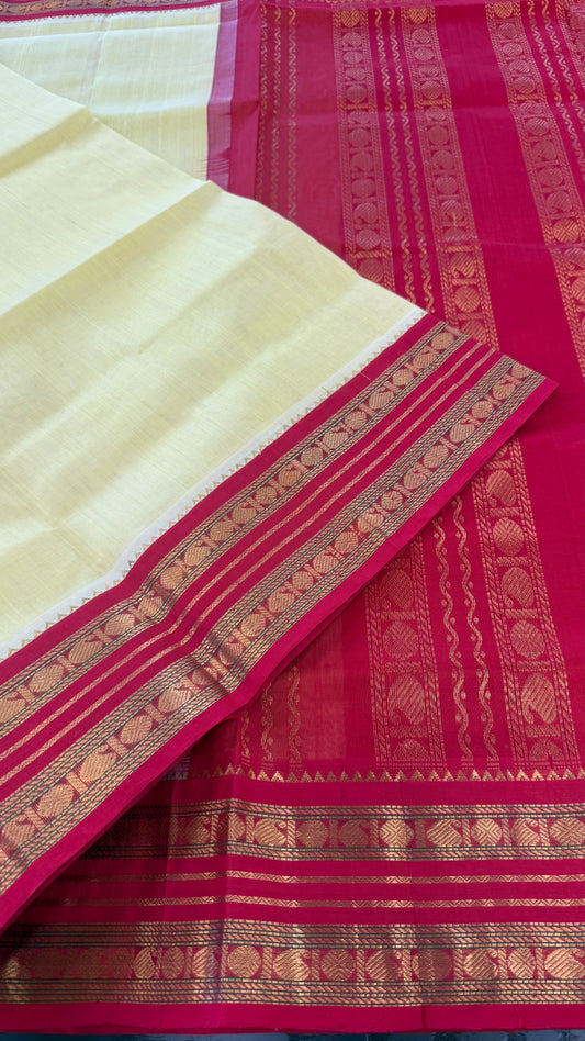 LEMON YELLOW WITH CHILLI RED HANDLOOM KANCHIPURAM SILK COTTON (KSC16)