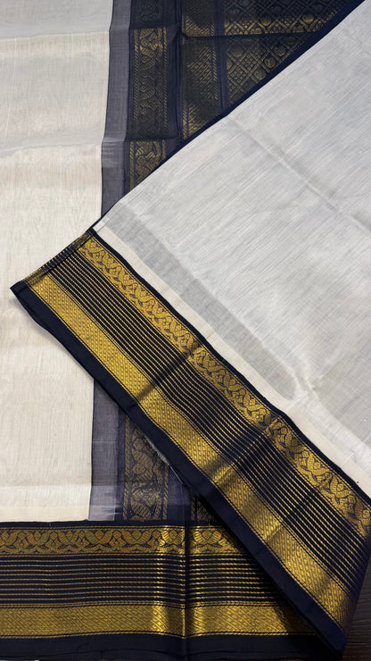 OFF WHITE WITH NAVY BLUE HANDLOOM KANCHIPURAM SILK COTTON (KSC104)