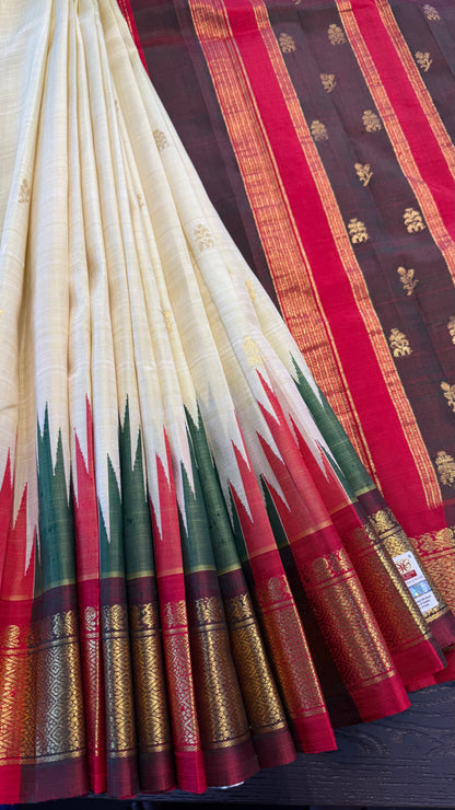 LIGHT YELLOW WITH CONTRAST RED PURE HANDLOOM KANCHIPURAM SINGLE SIDE BORDER SILK SAREE (KSSB37)