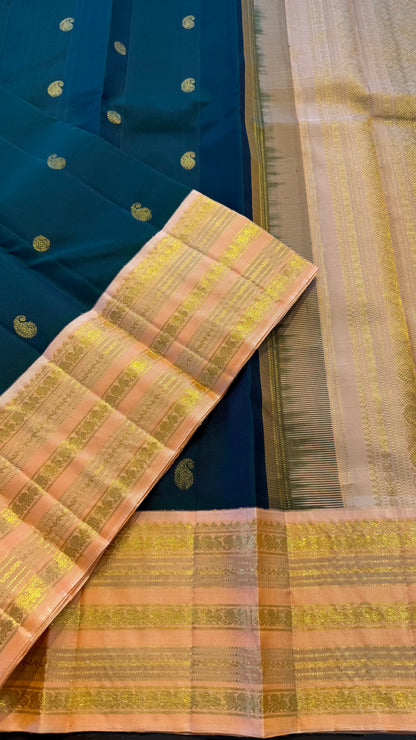 DUAL TONE BOTTLE GREEN CONTRAST WITH PEACH PURE HANLOOM KANCHIPURAM SILK SAREE (KSS 501)