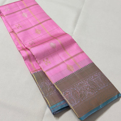 LIGHT ROSE PINK & DUAL TONE BLUE CHECKERED GOLD ZARI PURE KANCHIPURAM HANDLOOM SILK SAREE KSC 04