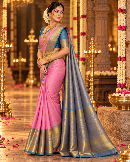 LIGHT ROSE PINK & DUAL TONE BLUE CHECKERED GOLD ZARI PURE KANCHIPURAM HANDLOOM SILK SAREE KSC 04