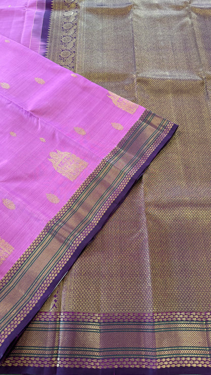 PINK WITH CONTRAST PURPLE GOLD ZARI HANDLOOM KANICHIPURAM SILK SAREE (KSS155)