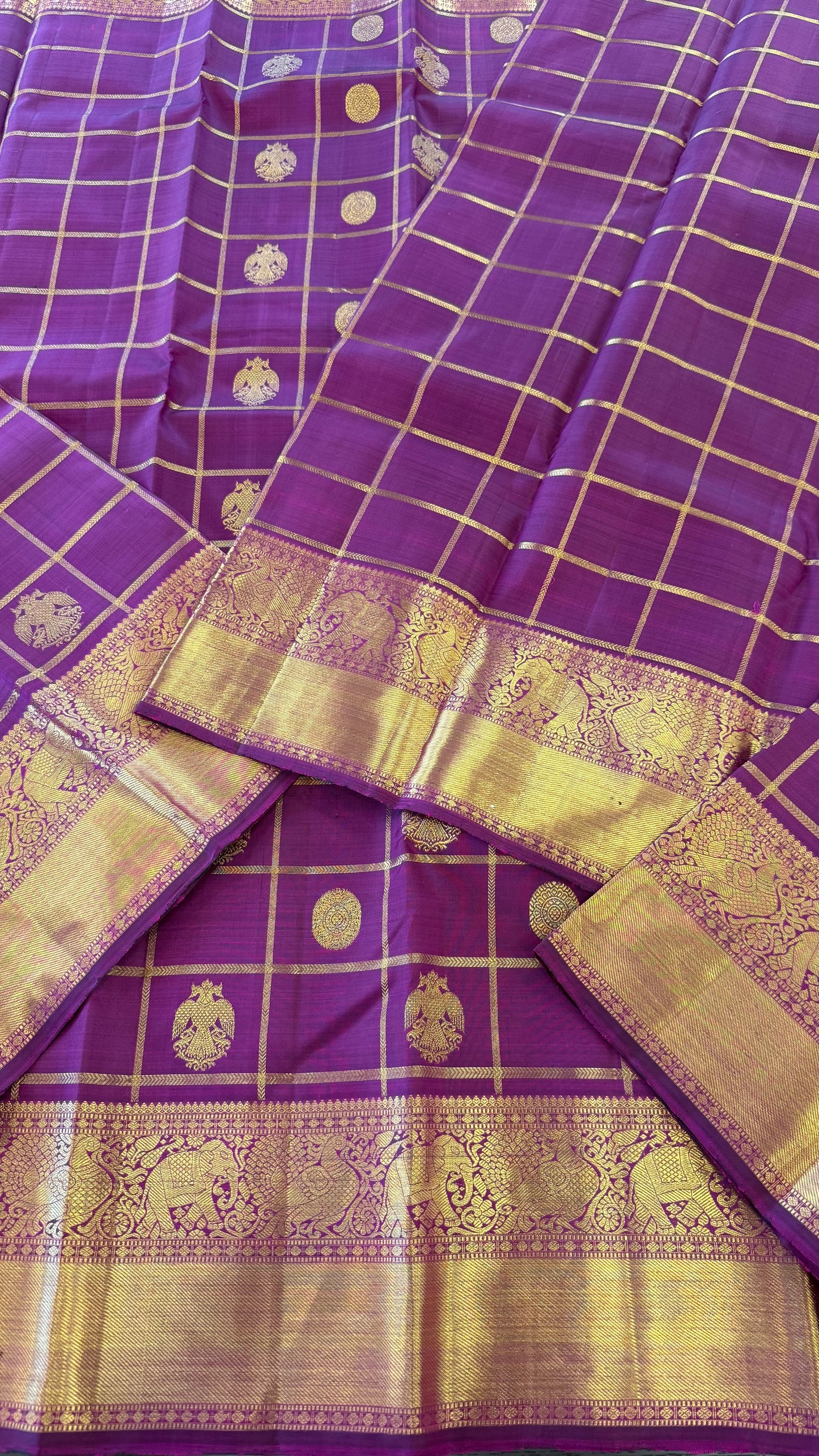 VADAMALLI PURPLE CHECKED GOLD ZARI HANDLOOM KANICHIPURAM SILK SAREE (KSS200)