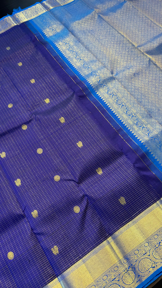 CHECKED NAVY BLUE WITH CONTRAST ROYAL BLUE GOLD ZARI HANDLOOM KANCHIPURAM SILK SAREE (KSS425)