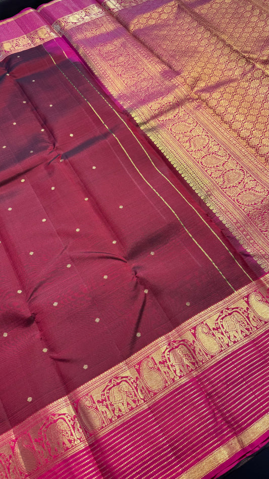 MAROON WITH CONTRAST PINK GOLD ZARI HANDLOOM KANCHIPURAM SILK SAREE (KSS393)