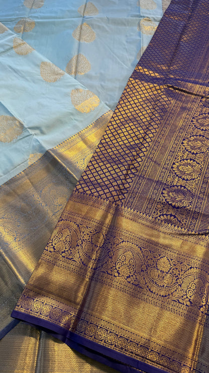 PASTEL BLUE WITH CONTRAST BLUE SILK KANICHIPURAM SILK SAREE (SSKS55)
