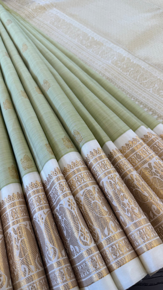 PASTEL MINT GREEN WITH CONTRAST OFF WHITE GOLD ZARI HANDLOOM KANICHIPURAM SILK SAREE (KSS86)