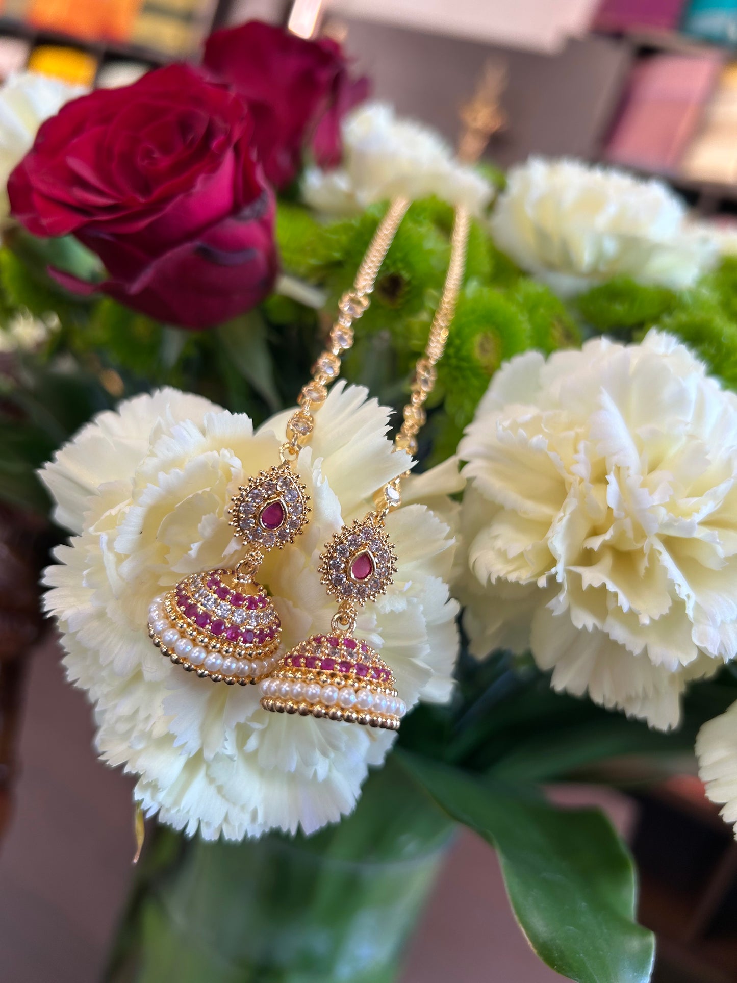 Ganga White & Ruby Stone Jhumka