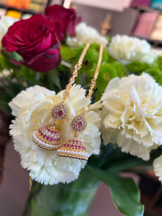 Ganga White & Ruby Stone Jhumka