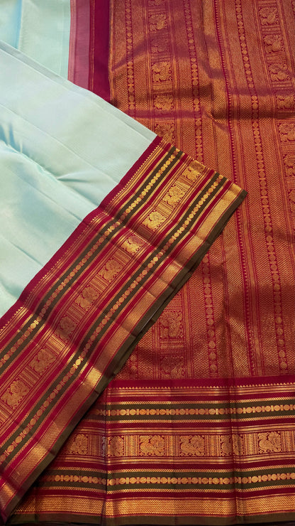 AQUA BLUE WITH CONTRAST MAROON GOLD ZARI HANDLOOM KANCHIPURAM SILK SAREE (KSS295)