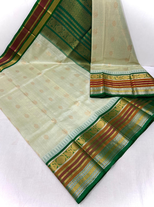 LIGHT GREEN WITH EMERALD GREEN TRADITIONAL KUPPADAM HANDLOOM KANCHIPURAM SILK COTTON (KSC52)