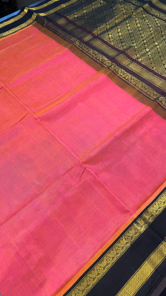 KANAKAMBARAM ORANGE WITH CONSTRAST BLACK KANCHIPURAM SILK COTTON (KSC115)