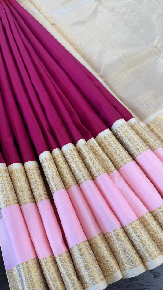 DARK PINK WITH CONTRAST GOLD PINK GOLD ZARI HANDLOOM KANICHIPURAM SILK SAREE (KSS269)