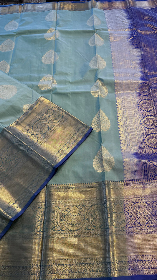 SAGE GREEN WITH CONTRAST BLUE SILK KANICHIPURAM SILK SAREE (SSKS47)