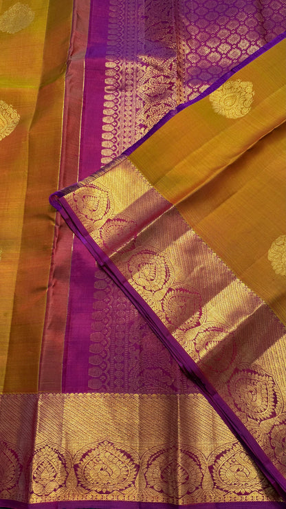 DUAL TONE OLIVE YELLOW WITH CONTRAST PURPLE KANCHIPURAM HANDLOOM SILK SAREE (KSS426)