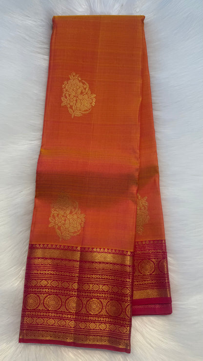 MANGO YELLOW WITH CONTRAST PINK GOLD ZARI HANDLOOM KANCHIPURAM SILK SAREE (KSS388)