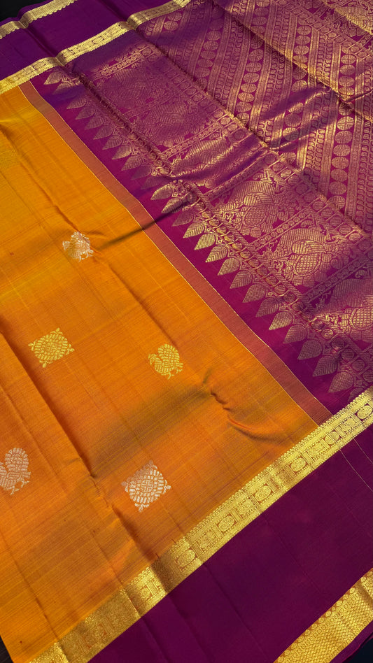 MANGO YELLOW WITH CONTRAST MAGENTA GOLD ZARI HANDLOOM KANCHIPURAM SILK SAREE (KSS434)