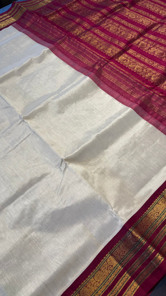 OFF WHITE WITH MAROON HANDLOOM KANCHIPURAM SILK COTTON (KSC106)
