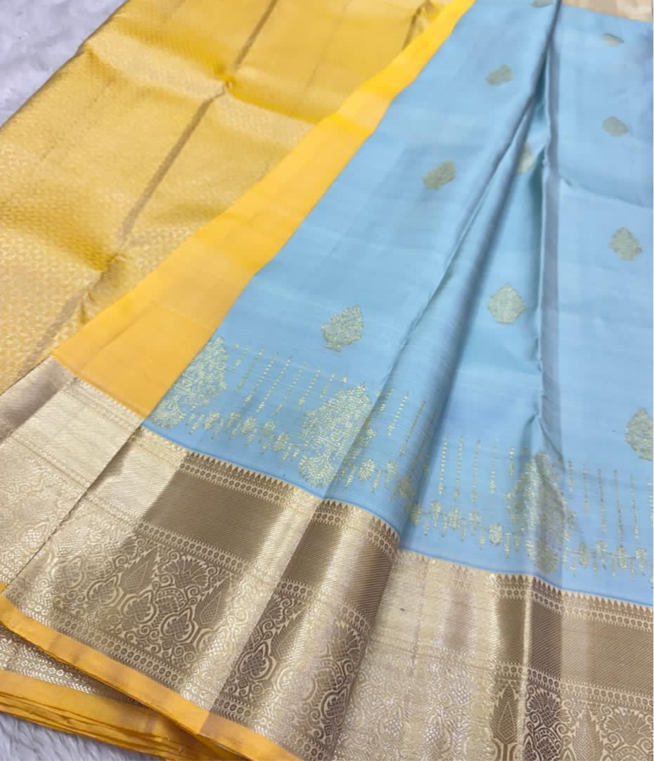 POWDER BLUE CONTRAST LIGHT YELLOW KANCHIPURAM HANDLOOM SILK SAREE