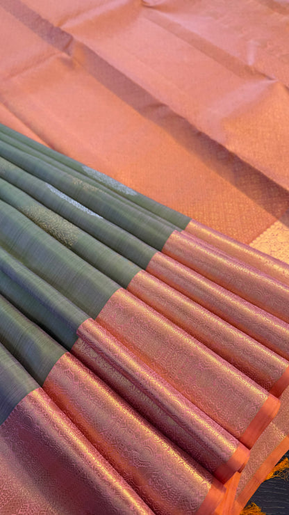 DUAL TONE GREEN WITH PEACH ORANGE GOLD ZARI HANDLOOM KANICHIPURAM SILK SAREE (KSS207)