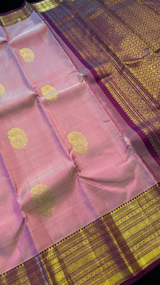 LIGHT PASTEL PINK WITH CONTRAST VADAMALLI PURPLE KANCHIPURAM HANDLOOM SILK SAREE (KSS402)