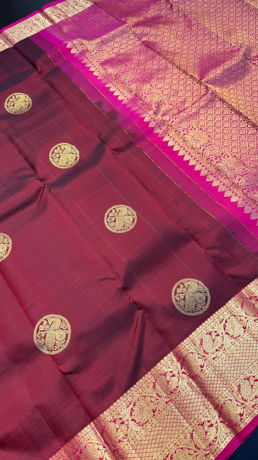 MAROON WITH CONTRAST PINK GOLD ZARI HANDLOOM KANICHIPURAM SILK SAREE (KSS376)