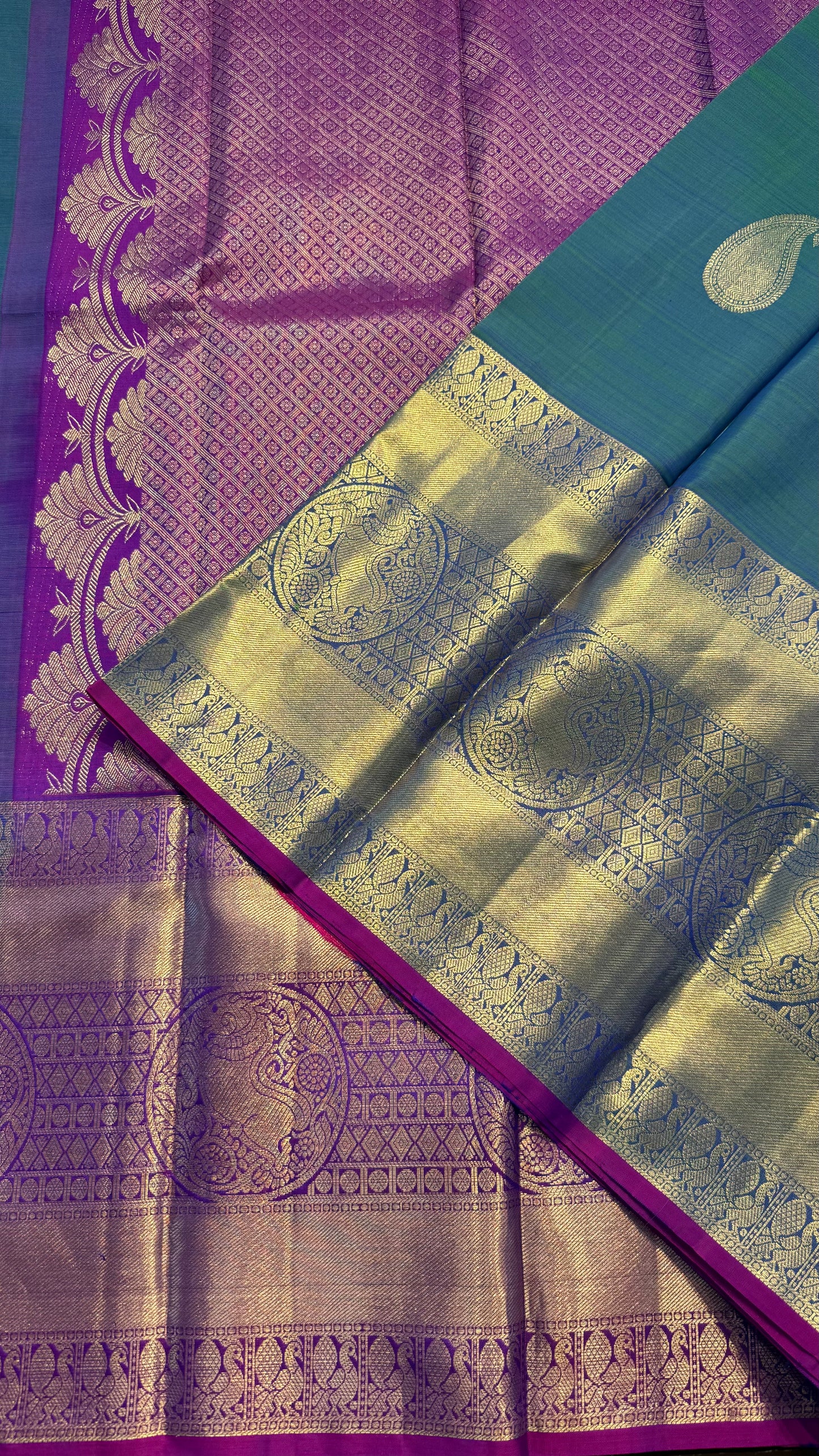 DUAL TONE PEACOCK BLUE & PURPLE HANDLOOM PURE KANICHIPURAM SILK SAREE (KSS414)