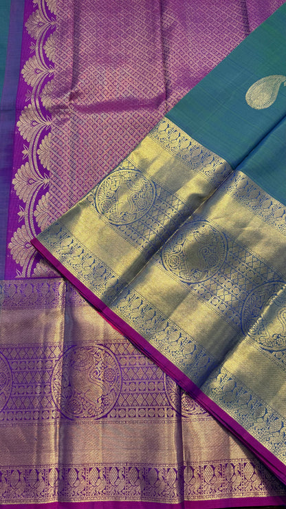 DUAL TONE PEACOCK BLUE & PURPLE HANDLOOM PURE KANICHIPURAM SILK SAREE (KSS414)